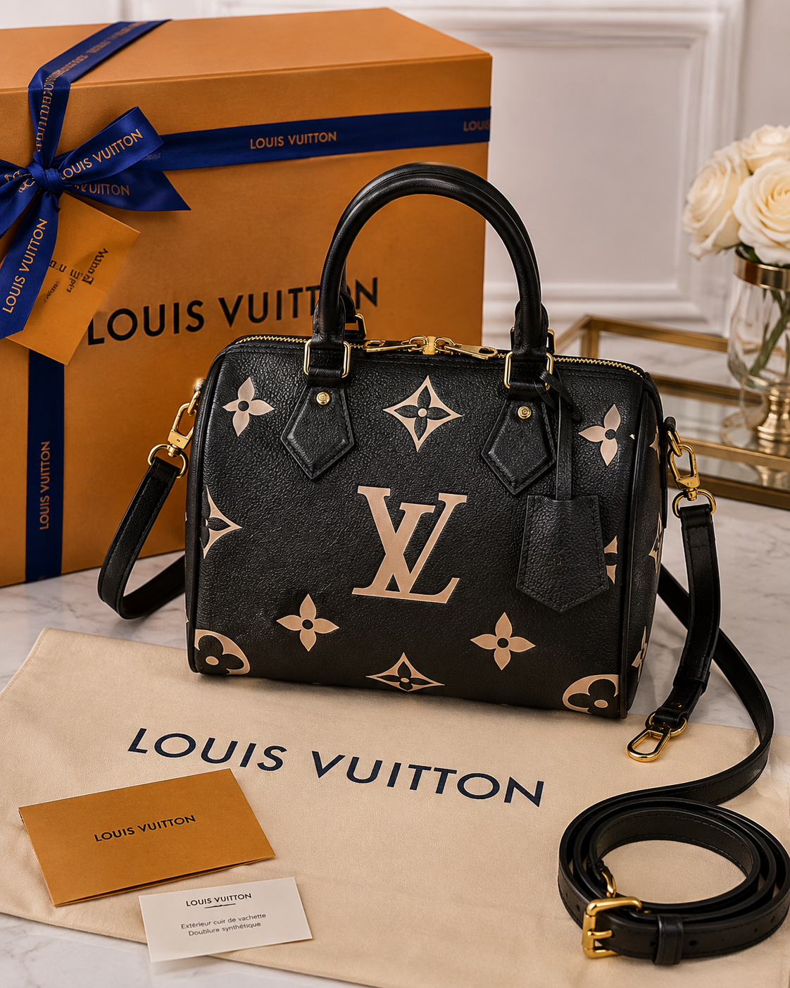 Bolsa Louis Vuitton preta com caixa laranja, dust bag e alça