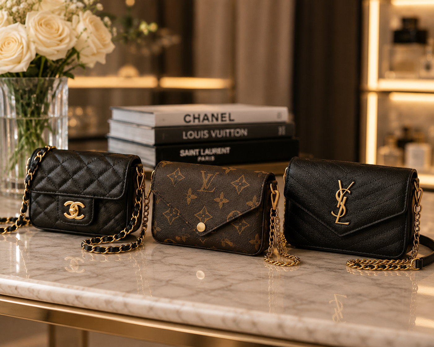 Três mini bolsas de grife: Chanel, Louis Vuitton e Saint Laurent