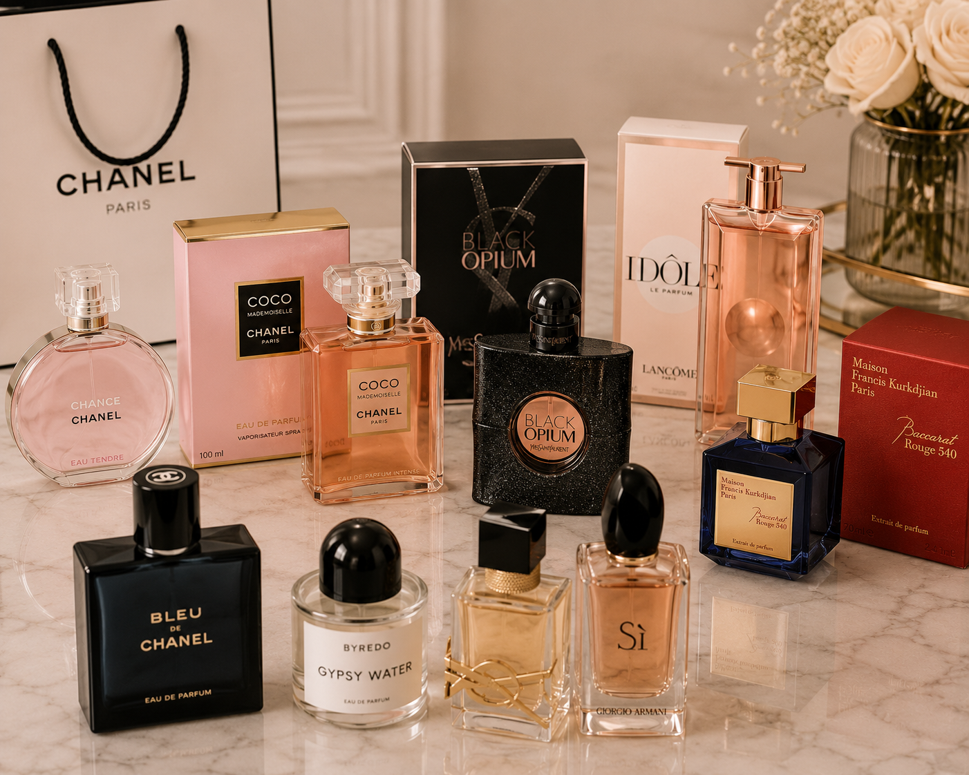 Coleção de perfumes importados Chanel, YSL, Lancôme e Baccarat Rouge