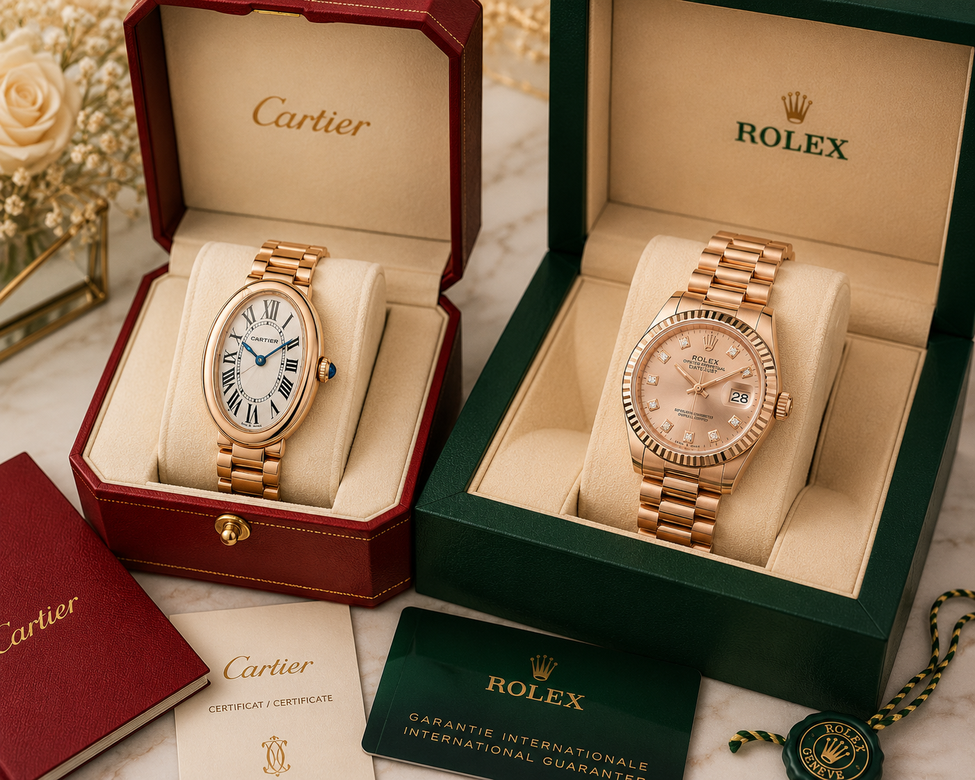 Relógios Cartier e Rolex dourados nas caixas originais com certificados